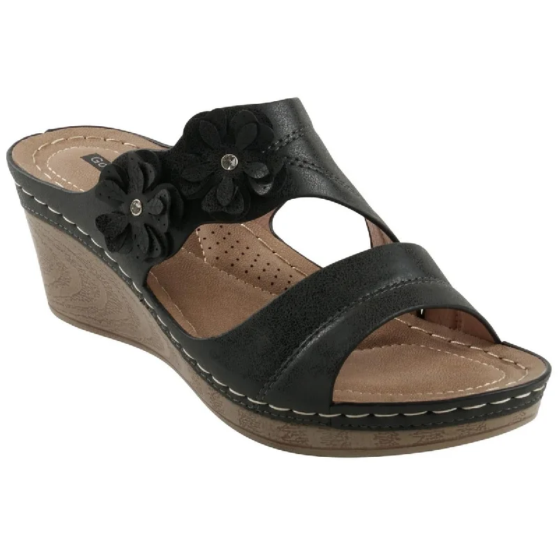 Fashionable sandals for warm shore evenings-Good Choice Womens RITA Faux Leather Rosette Wedge Sandals