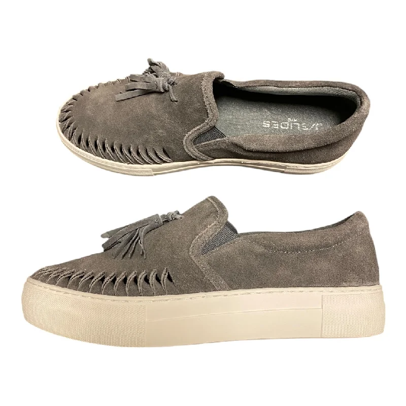 Flats with carved logo imprints -Shoes Flats By J Slides In Grey, Size: 9