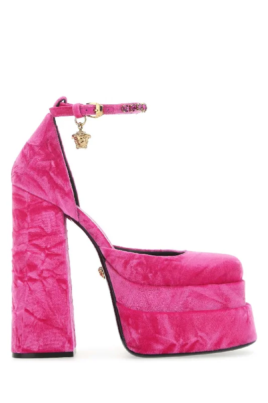 High heels with strong sole layers -VERSACE Fuchsia Velvet Medusa Aevitas Pumps - 16 cm Heel