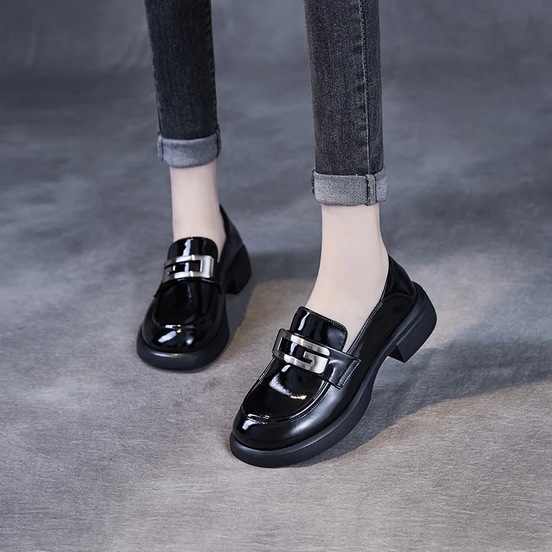 Affordable loafers for family evening strolls-Women Solid Glossy Leather Low Block Loafers