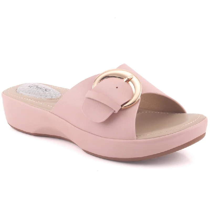 Slippers with solid nap grip -Women "DALEYZA" Open Toe Thong Indoor Casual Slider Comfort  Buckled Wedge Slippers