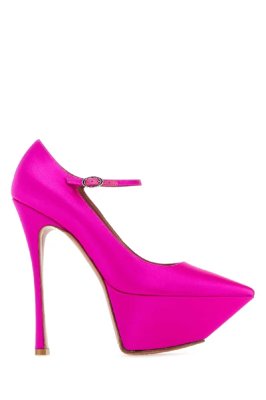 High heels with vivid sole overlays -AMINA MUADDI Elegant Fuchsia Satin Mini Pumps with 16 cm Heel