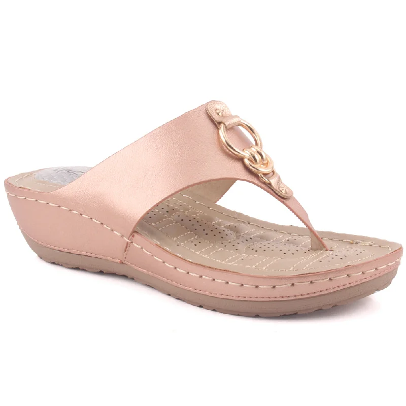 Slippers with rain-safe nap weave -Women "ATHENA" Metallic Buckle Adorned Thong Comfort Wedge Slippers