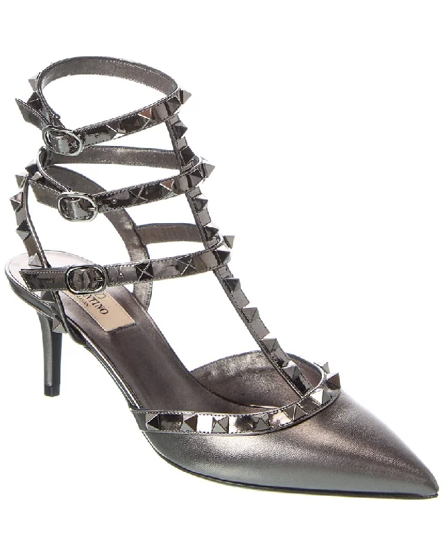 High heels for women with shin strain -Valentino Rockstud Caged 65 Leather Ankle Strap Pump