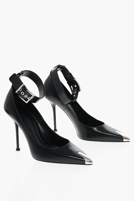 High heels for upscale autumn parties -Alexander Mcqueen Ankle Strap Leather Pumps With Shiny Stiletto Heel 11Cm