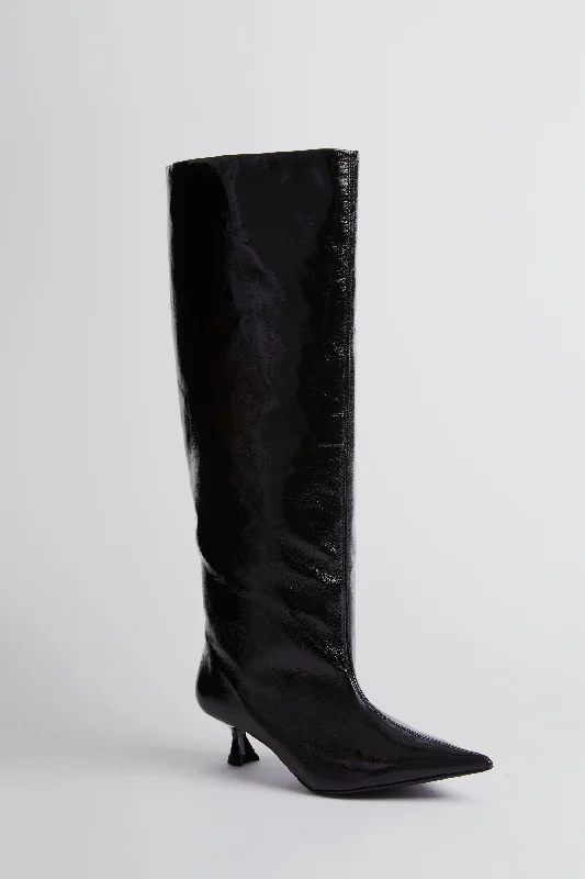 Boots with aged ridge treads -Black Soft Slouchy High Shaft Boot