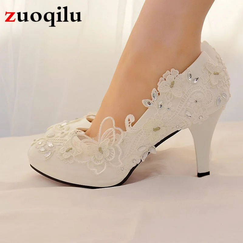 High heels with non-slip sole fabrics -2019 high heels wedding shoes bride rhinestone lace Bow white ladies shoes woman platform high heels women shoes big size