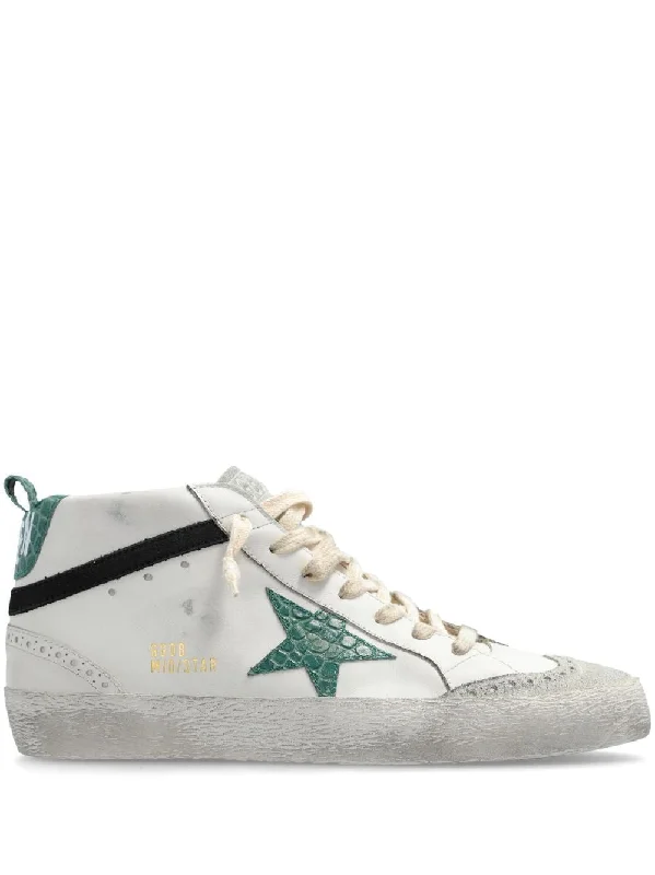 Athletic shoes for early runs -GOLDEN GOOSE Mid Star Artisanal Leather Sneakers in White, Green, and Black