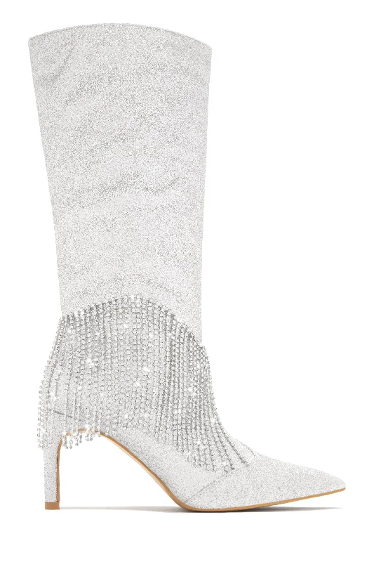 Boots with mini ridge repose -Faye Embellished Fringe Knee High Boots - Silver