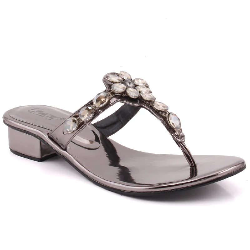 Slippers with faint nap weave -Women “TACITA” Diamond Encrusted T-Strap Low Block Heel Slip On Slippers