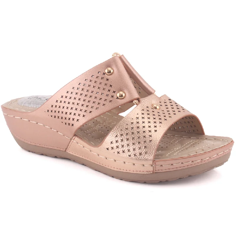 Slippers with dense nap fill -Women "REAGAN" Open Toe Perforated Wedge Slippers