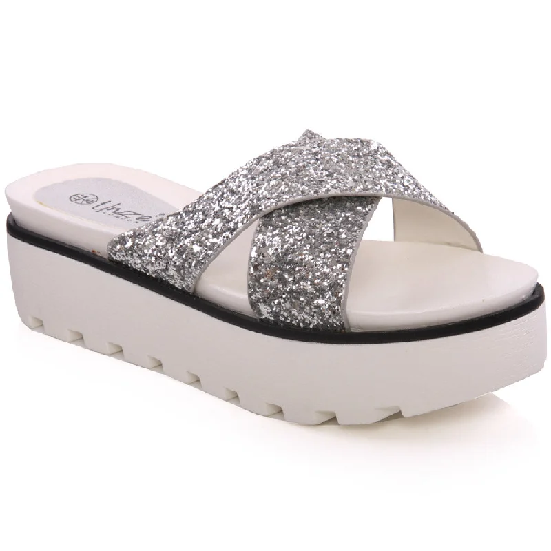 Slippers with plush nap piles -Womens ‘Carie’ Glittery Crossover Slippers